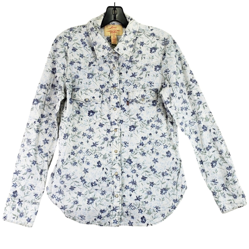 Levis Floral Western Pearl Snap Shirt Womens M White Blue Cowgirl Boho